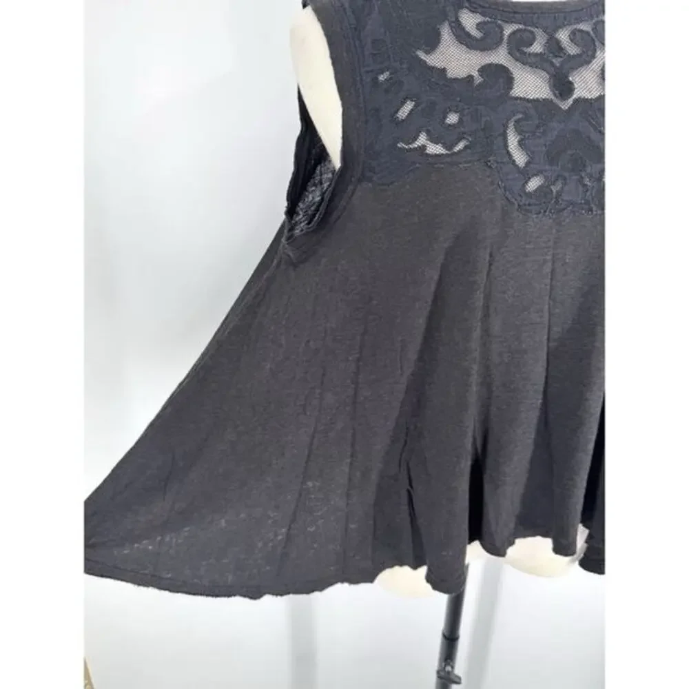 free people‎ tank top small Flowy Linen Cotton Lace Boho Shirt Crop Black Cute